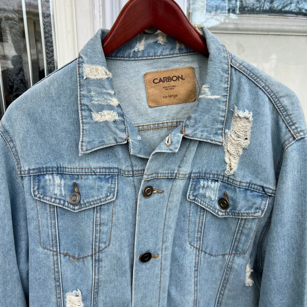 Carbon 2 Cobalt Distressed Denim Jean Jacket Men XXL‎ Trucker Blue Grunge Rugged